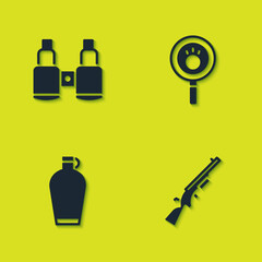 Set Binoculars, Shotgun, Canteen water bottle and Paw search icon. Vector