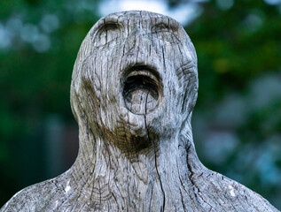 Wooden statue of a screaming man, close up of face.