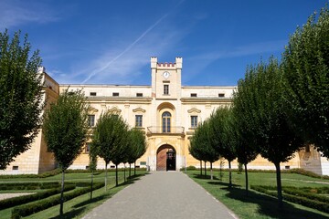 Fototapeta na wymiar The entrance gate to the yellow castle in Slezske Rudoltice, Czechia