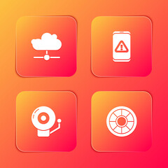 Set Network cloud connection, Mobile with exclamation mark, Ringing alarm bell and Safe icon. Vector