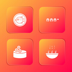 Set Puffer fish on a plate, Grilled steak, Tin can with caviar and Soup shrimps icon. Vector