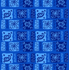 Checkered scribbled seamless pattern in shades of indigo, with stylized traditional motifs. Good for apparel, home decor, quilts.