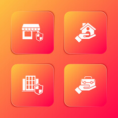 Set Shopping building with shield, House insurance, and Hand holding briefcase icon. Vector