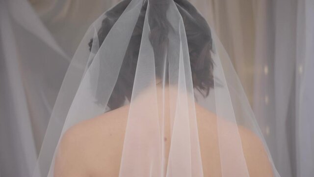 Close-up portrait of a bride in a dress with a veil that covers her head.