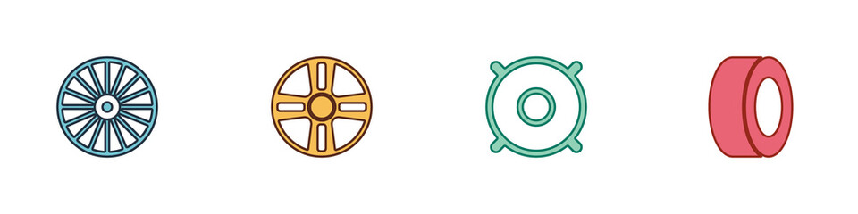 Set Alloy wheel, , Car audio speaker and tire icon. Vector