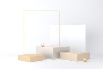 Gold square pedestal or podium on white background for product demonstration.  3D rendering.