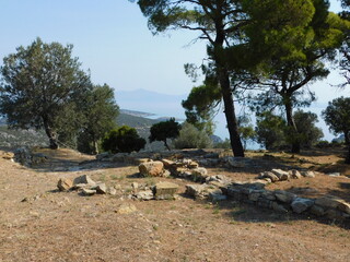 View of the ruins of the ancient sanctuary of Poseidon, on the island of Poros, in Greece