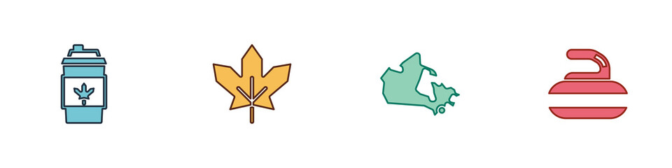 Set Coffee cup to go, Canadian maple leaf, Canada and Stone for curling icon. Vector