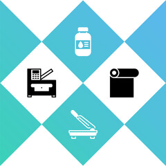 Set Copy machine, Paper cutter, Printer ink bottle and Roll of paper icon. Vector