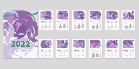 2022 calendar design. Week starts on Monday.Editable calendar page template A4, A3. Vertical. Colorful 2022 calendar template. Day planner, week planner. Set of 12 month pages.  Abstract illustrations