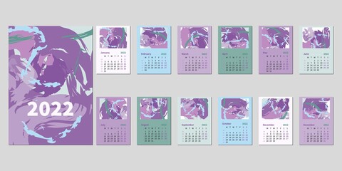 2022 calendar contemporary abstract  art. Screen, desk, desktop months 2022, colorful 2022 calendar template. Sketched calendar, day planner, week planner. Set 12 month pages. Vector set.