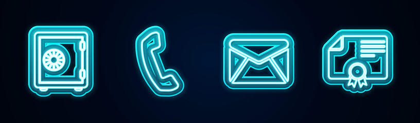 Set line Safe, Telephone handset, Envelope and Certificate template. Glowing neon icon. Vector