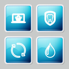 Set line Shopping basket on laptop, Dental protection, Refresh and Water drop icon. Vector