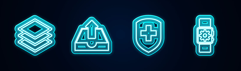 Set line Layers, Upload inbox, Medical shield with cross and Smartwatch setting. Glowing neon icon. Vector