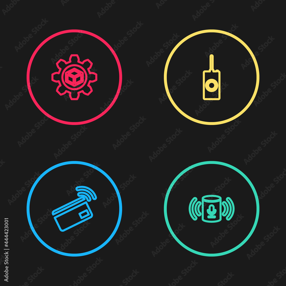 Poster set line contactless payment, voice assistant, remote control and product development icon. vector