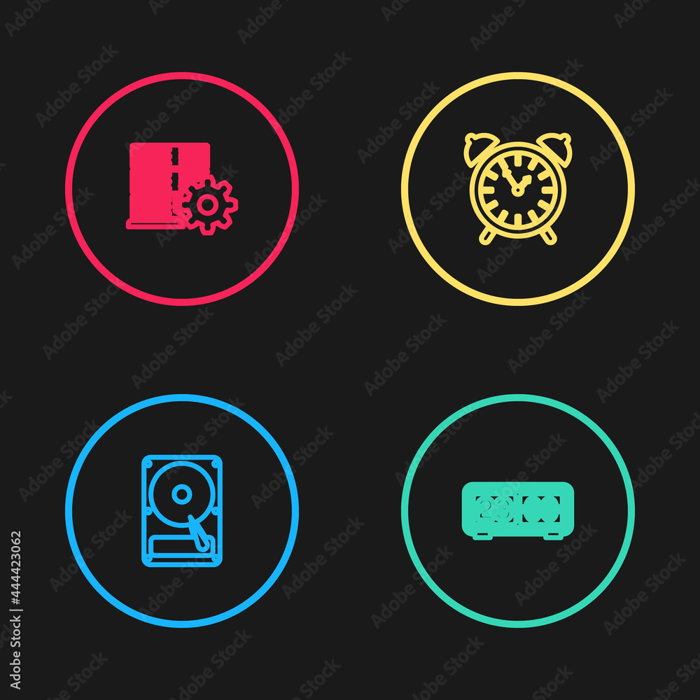 Poster set line hard disk drive hdd, retro flip clock, alarm and server setting icon. vector