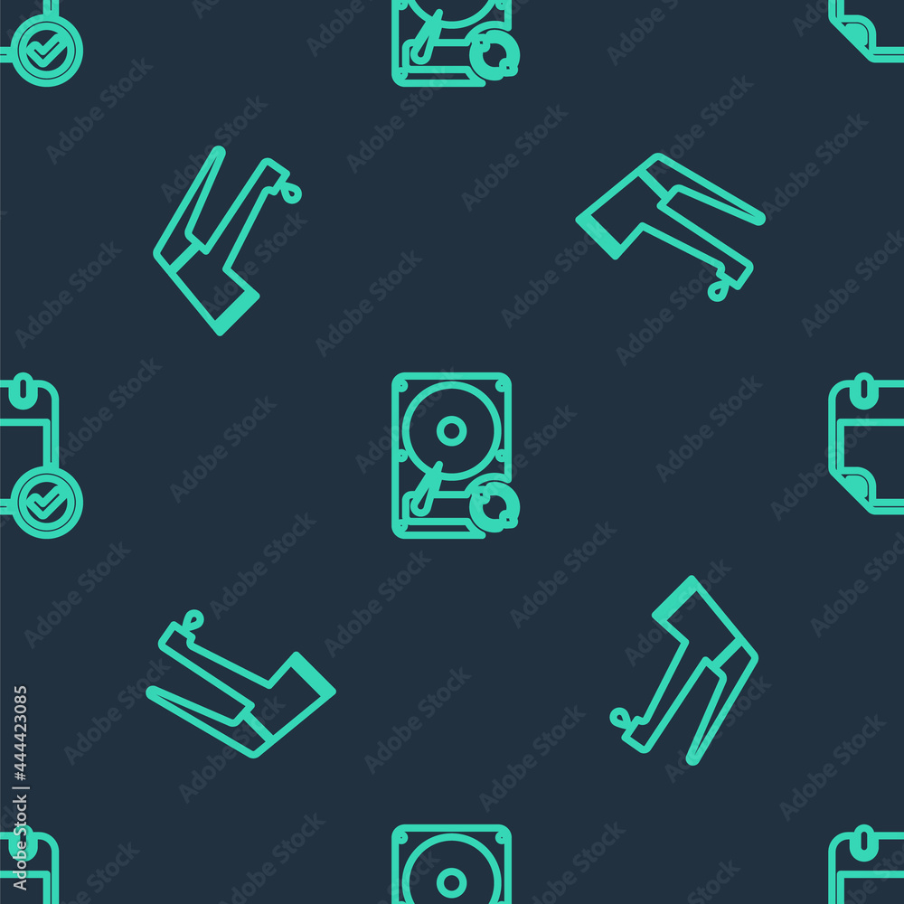 Poster set line hard disk drive hdd sync refresh, water tap and calendar with check mark on seamless patter