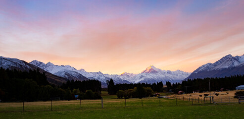 Banner travel of beautiful view with Aoraki Mount Cook and the road leading to Mount Cook Village. Taken during winter in New Zealand.