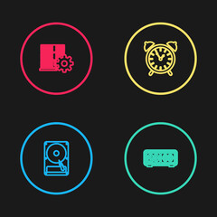 Set line Hard disk drive HDD, Retro flip clock, Alarm and Server setting icon. Vector