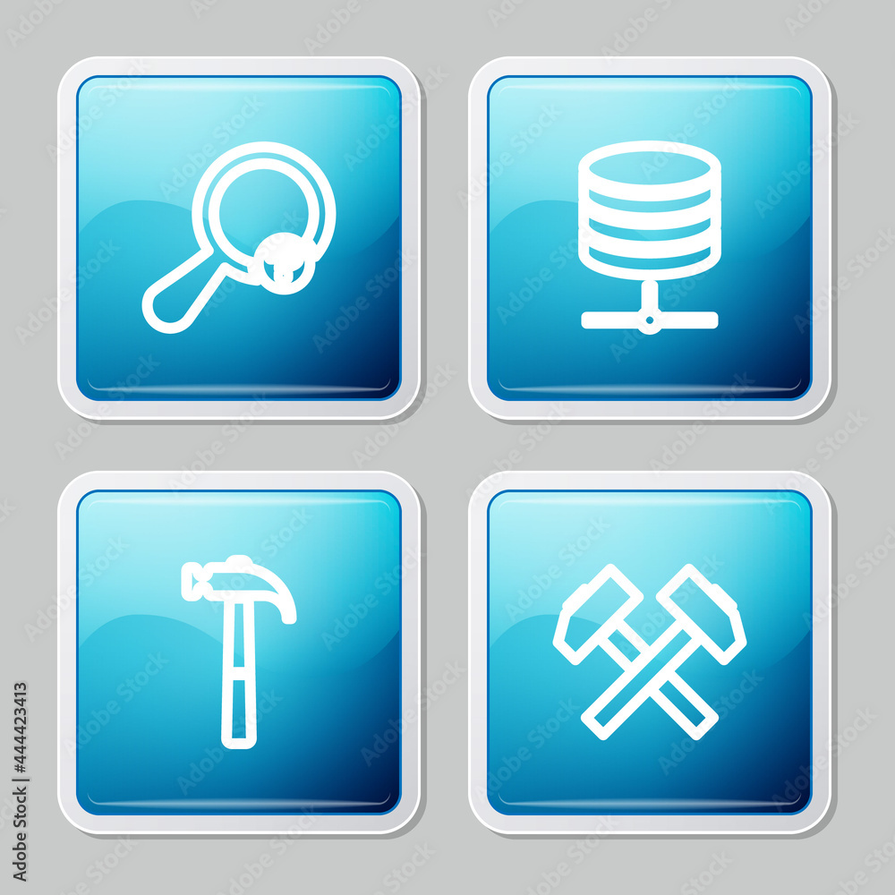 Poster set line unknown search, server, data, web hosting, hammer and two crossed hammers icon. vector