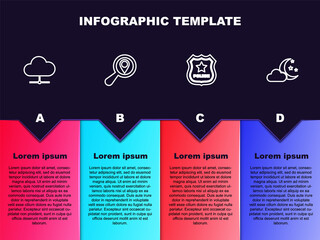 Set line Network cloud connection, Search location, Police badge and Cloud with moon and stars. Business infographic template. Vector