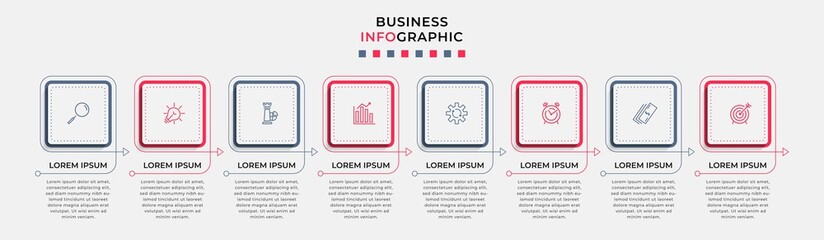 Vector Infographic design business template with icons and 8 options or steps. Can be used for process diagram, presentations, workflow layout, banner, flow chart, info graph