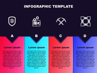 Set line Shield with bitcoin, Proof of stake, Crossed pickaxe and Blockchain technology. Business infographic template. Vector