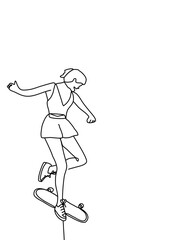 One continuous line drawing, teens are skateboarding