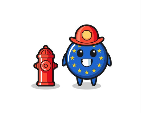 Mascot character of europe flag badge as a firefighter