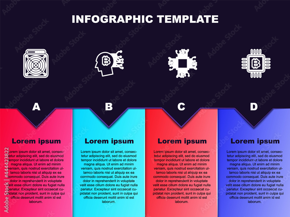 Poster set line asic miner, bitcoin think, processor and cpu mining farm. business infographic template. ve