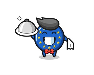 Character mascot of europe flag badge as a waiters