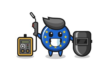 Character mascot of europe flag badge as a welder