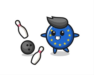Character cartoon of europe flag badge is playing bowling