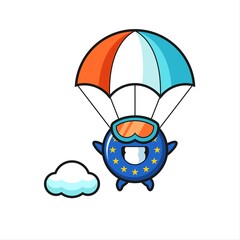 europe flag badge mascot cartoon is skydiving with happy gesture