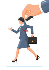 Big Hand Using Businesswoman for Control. Business Woman Marionette is Hanging on Suit. Hand of Puppeteer Holding Lady. Puppet Doll Worker, Abuse of Power, Manipulation. Flat Vector Illustration