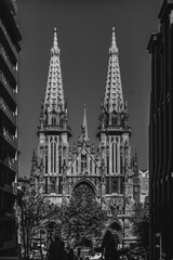 Black and white photo of old catholic church. Cathedral in black and white colours in sunny day