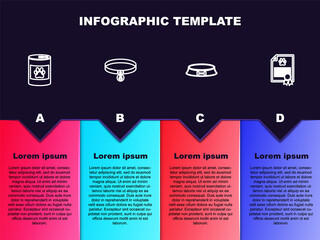 Set line Canned food, Collar with name tag, Pet bowl and Certificate for dog or cat. Business infographic template. Vector