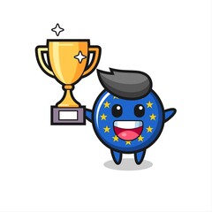 Cartoon Illustration of europe flag badge is happy holding up the golden trophy