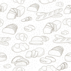 Hand drawn sketch with bread, pastry, sweet. Bakery set in engraved style. Seamless Pattern Bread Set for packaging design