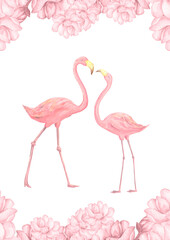 Two pink flamingo making heart with necks with pink flowers for design card. Hand drawn watercolor love illustration.