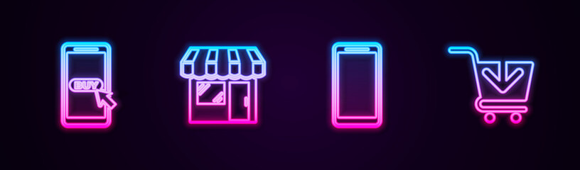 Set line Mobile and shopping cart, Market store, Smartphone, mobile phone and Add Shopping. Glowing neon icon. Vector