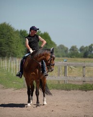 Horse and rider training. Horse riding instructor works with the horse.