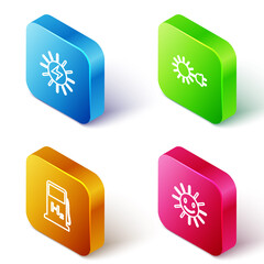 Set Isometric line Solar energy panel, Sun with electric plug, Hydrogen filling station and Cute sun smile icon. Vector