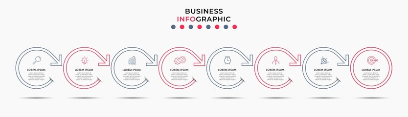 Vector Infographic design business template with icons and 8 options or steps. Can be used for process diagram, presentations, workflow layout, banner, flow chart, info graph
