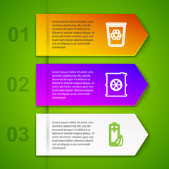 Set line Recycle bin with recycle, Radioactive waste barrel, Eco nature leaf and battery and Toilet paper roll. Business infographic template. Vector