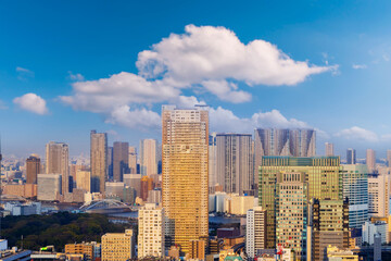 Cityscape of Tokyo city, view of aerial skyscraper, office building and downtown and street of tokyo with blue sky background. Japan, Asia