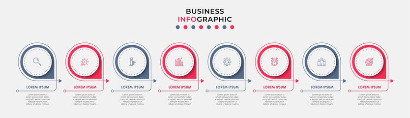 Naklejka premium Vector Infographic design business template with icons and 8 options or steps. Can be used for process diagram, presentations, workflow layout, banner, flow chart, info graph
