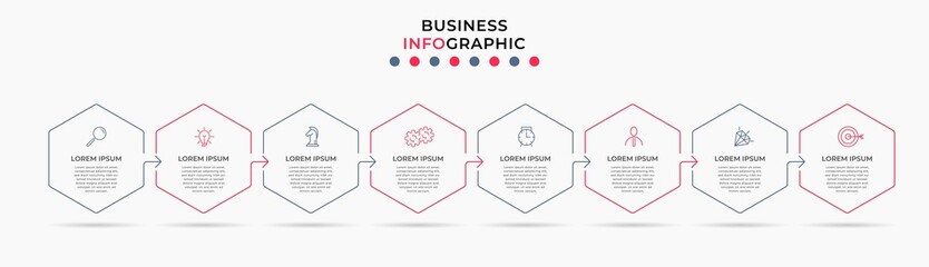 Vector Infographic design business template with icons and 8 options or steps. Can be used for process diagram, presentations, workflow layout, banner, flow chart, info graph