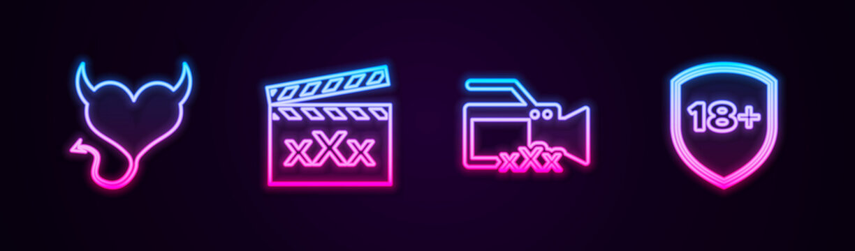 Set line Devil heart with horns, Movie clapper Sex, Video camera and Shield 18 plus. Glowing neon icon. Vector