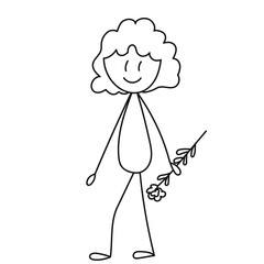 stick figure girl with flower, isolated, vector